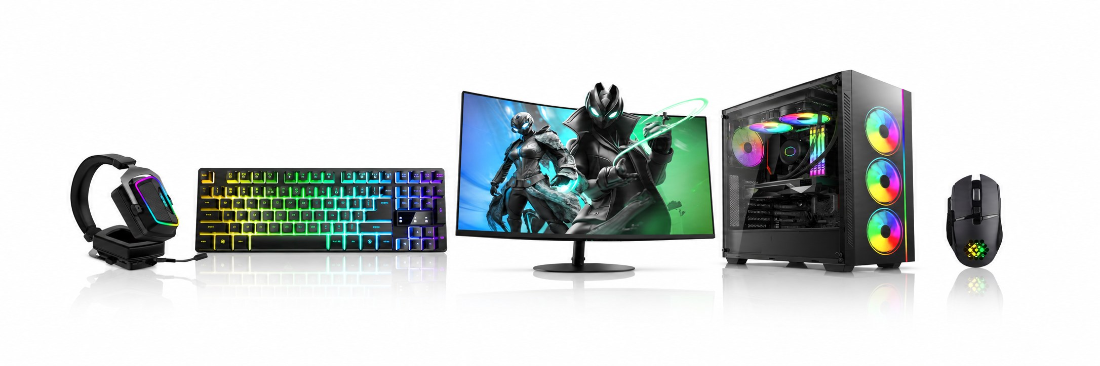 Panoramiczna ilustracja: komputer RGB, monitor i akcesoria gamingowe