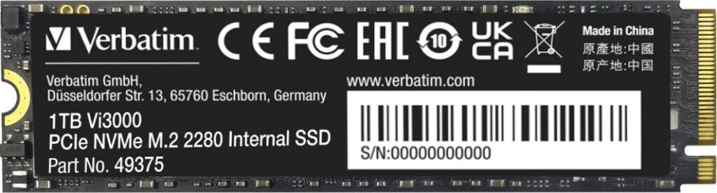 Dysk SSD Verbatim Vi3000 1TB M.2 2280 PCI-E x4 Gen3 NVMe (49375)