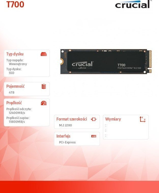 Dysk SSD Crucial T700 4TB M.2 2280 PCI-E x4 Gen5 NVMe (CT4000T700SSD3)