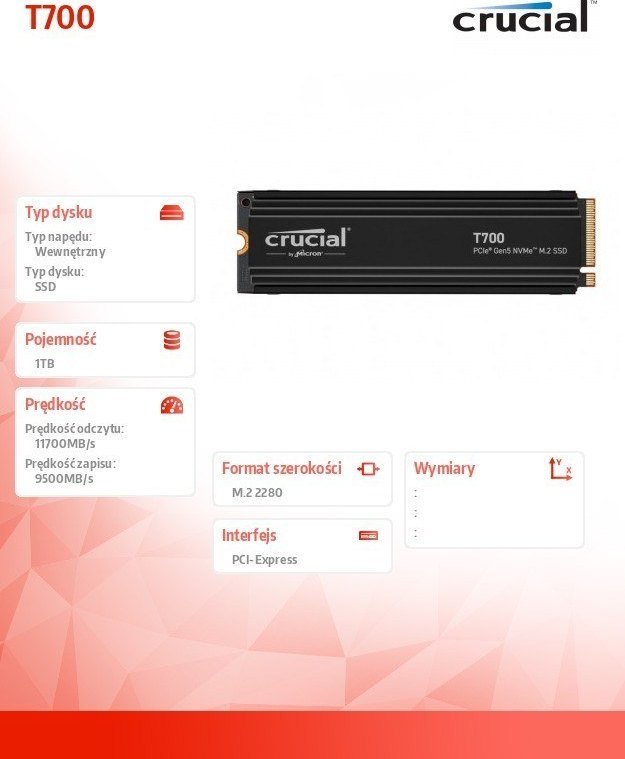 Dysk SSD Crucial T700 1TB M.2 2280 PCI-E x4 Gen5 NVMe (CT1000T700SSD5)