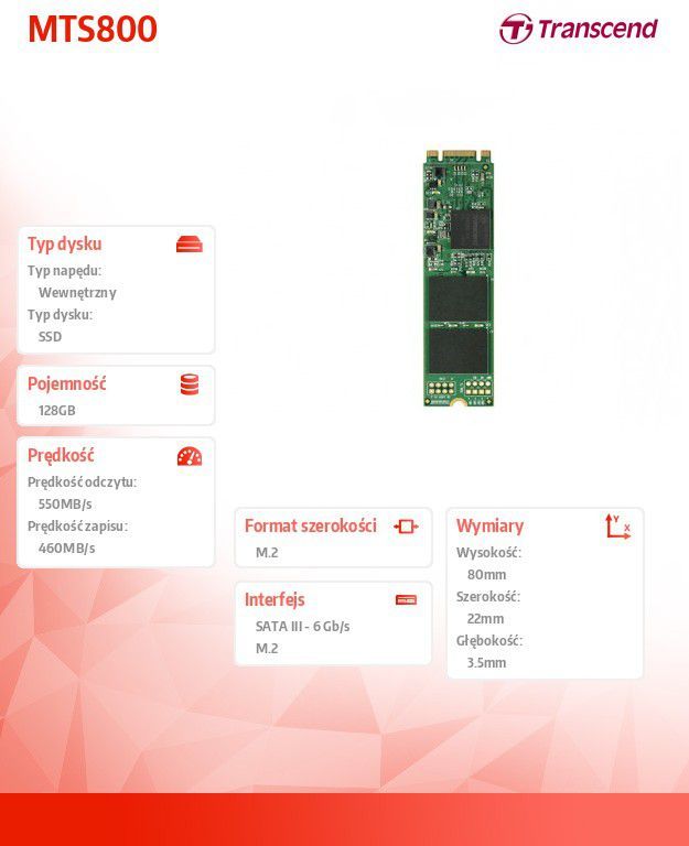 Dysk SSD Transcend MTS800 128GB M.2 2280 SATA III (TS128GMTS800)