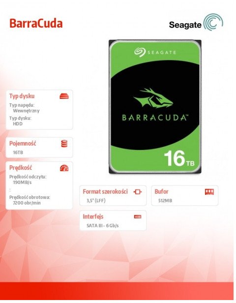 Dysk Seagate seagate Dysk twardy BarraCuda 16TB 3.5 cala ST16000DM001