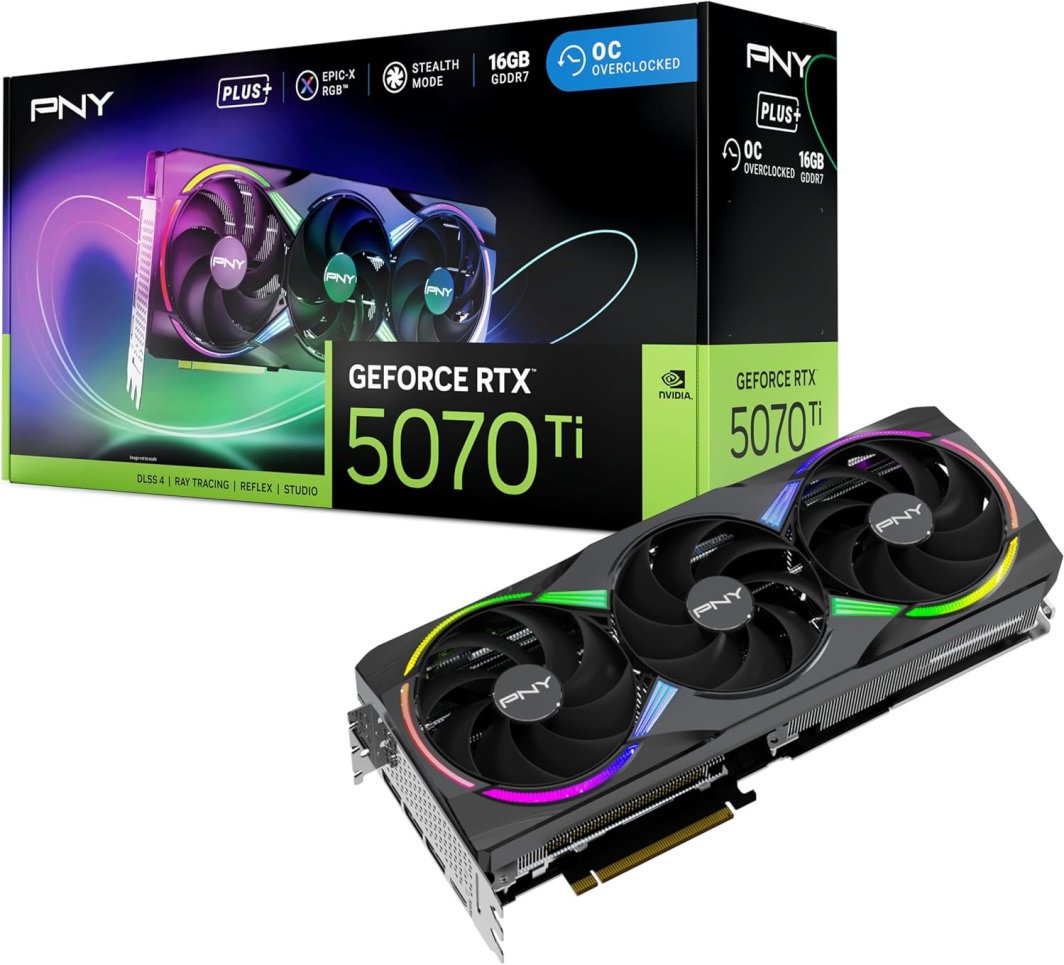 PNY GeForce RTX 5070 Ti EPIC-X RGB Overclocked Triple Fan Plus 16GB GDDR7 DLSS4 (VCG5071T16TFXXPB1-O)